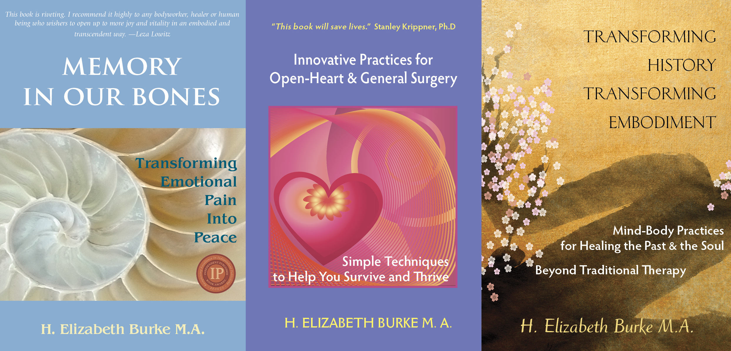  memory in our bones, innovative practice for patients facing open-heart & general surgery,and transforming history book covers, elizabeth burke's books on transformational healing